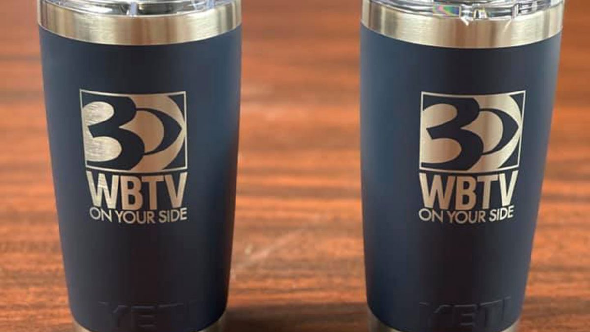 WBTV Laser-Engraved YETI Travel Mugs, produced by Main Ave Promo