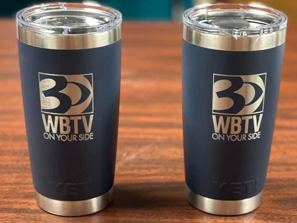 WBTV Laser-Engraved YETI Travel Mugs, produced by Main Ave Promo
