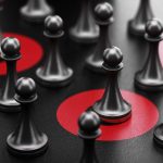 3d illustration of pawns over black background and some of them surrounded by red circles. Targeted individuals and advertising target concept.